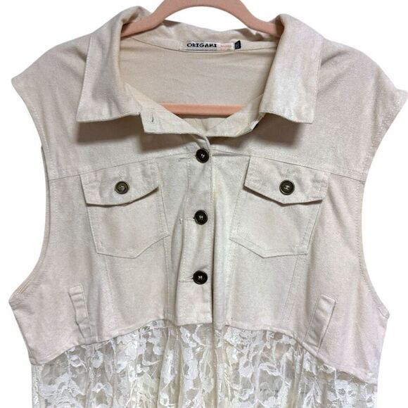 ORIGAMI Ivory White BOHO Western Sleeveless Cardigan Duster Suede & Lace Vest 2X - Picture 11 of 15